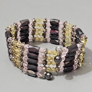 Magnetic Black Hematite Pink Yellow Crystal Bead Wrap Bracelet Necklace 35”